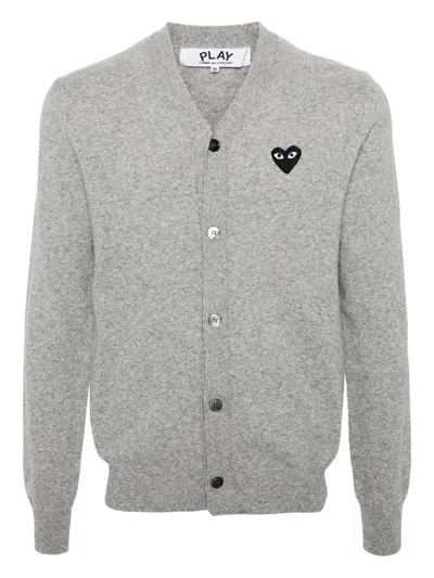 Comme Des Garçons Play Wool Black Heart Emblem Cardigan In Light Gray
