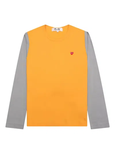 Comme Des Garçons Play Heart-embroidered Two-tone Long-sleeve T-shirt In Yellow