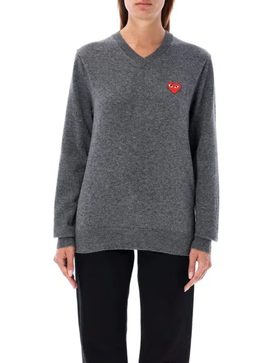 Comme Des Garçons Play Heart V-neck Icon Knitwear In Grey