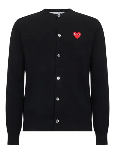 Comme Des Garçons Play Wool Cardigan With Red Crystal Heart In Black