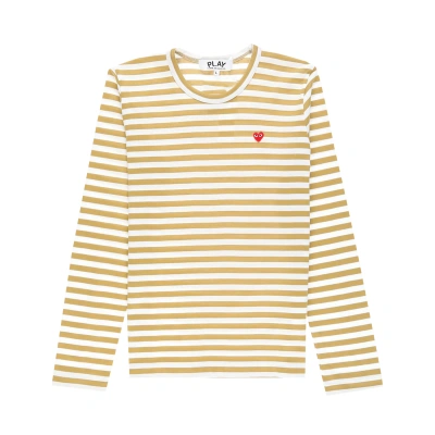 Pre-owned Comme Des Garçons Play Heart Logo Striped Long-sleeve T-shirt 'olive' In Green