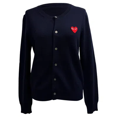 Comme Des Garçons Play Heart Logo-patch Cardigan In Navy Blue Wool