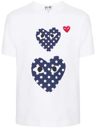 Comme Des Garçons Play Polka Dot Double Heart Short Sleeve Tee In White