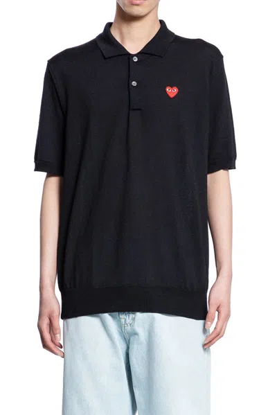 Comme Des Garçons Play Heart Patch Knit Polo Shirt In Black