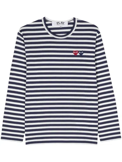 Comme Des Garçons Play Heart-patch Striped Cotton T-shirt In Blue