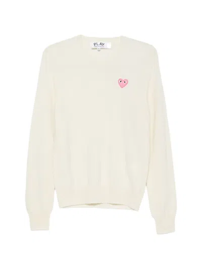 Comme Des Garçons Play Heart Patch V-neck Sweater In Neutral