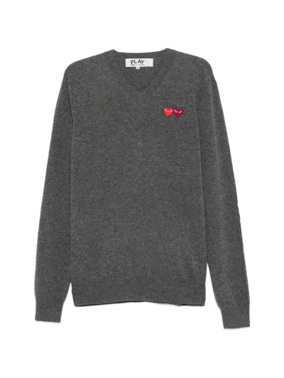 Comme Des Garçons Play Heart-patch V-neck Sweater In Gray