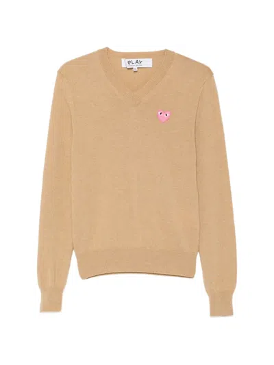 Comme Des Garçons Play Heart-patch V-neck Sweater In Neutrals