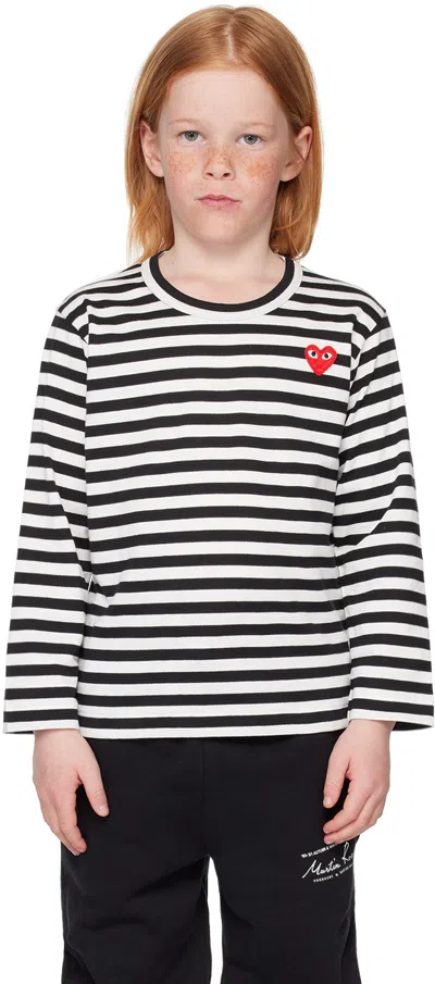 Comme Des Garçons Play Kids' Heart Logo Embroidered Striped Cotton T-shirt In Black