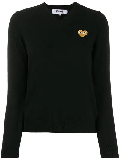 Comme Des Garçons Play Heart-patch V-neck Wool Sweater In Black