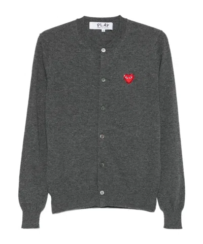 Comme Des Garçons Play Logo Detailed Crewneck Cardigan In Gray