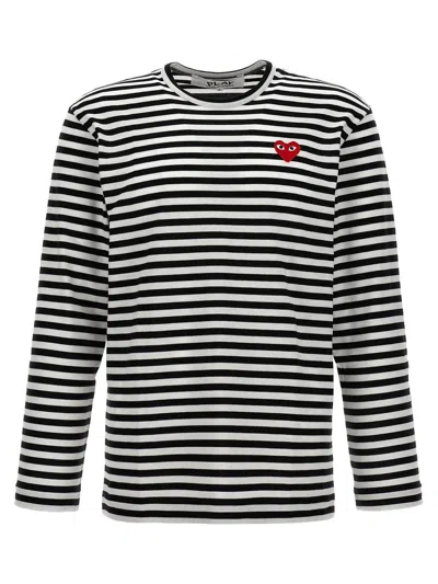 Comme Des Garçons Play Logo Patch Stripes T-shirt In White/black