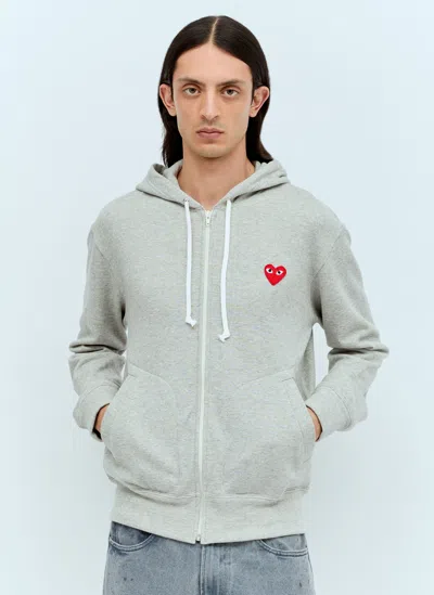 Comme Des Garçons Play Logo Patch Zip Hooded Sweatshirt In Grey