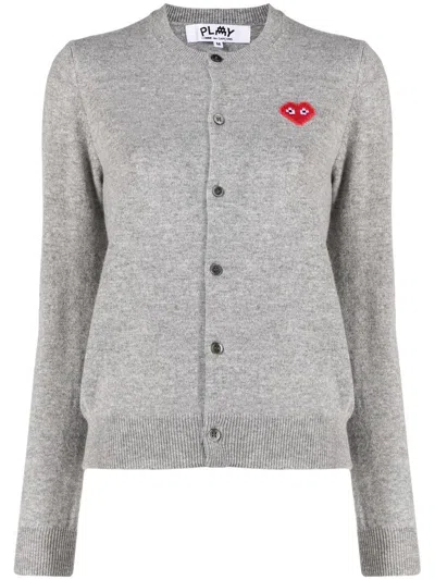 Comme Des Garçons Play Logo-print Wool Cardigan In Grey
