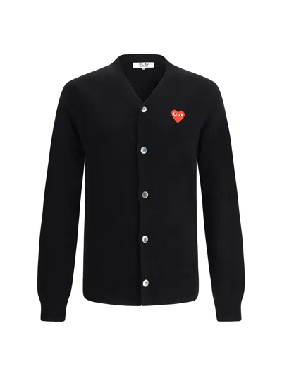 Comme Des Garçons Play Mens Cardigan Knit Black Wool Cardigan With Pixel Heart Patch.