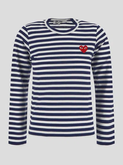 Comme Des Garçons Play Logo Striped T-shirt With Round Neck And Long Sleeves In Navy