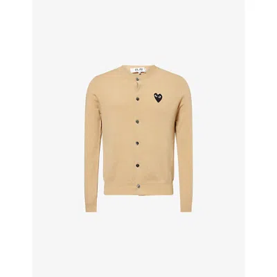 Comme Des Garçons Play Mens Light Camel Logo-embroidered Crewneck Wool Cardigan In Brown