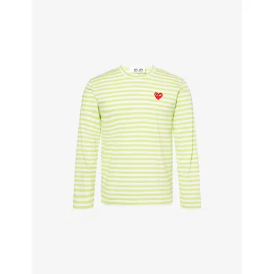 Comme Des Garçons Play Mens Grn X Wht Heart-appliqué Striped Cotton-jersey Top