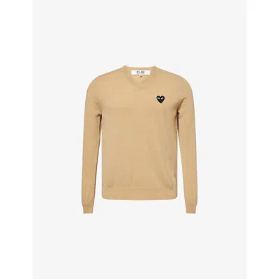 Comme Des Garçons Play Mens Light Camel Heart-appliqué Crewneck Wool Knitted Jumper