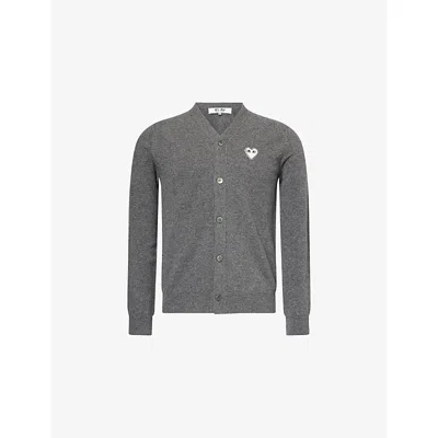 Comme Des Garçons Play Mens Med Gray Embroidered Heart Brushed Wool Knit Cardigan