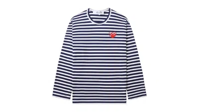 Pre-owned Comme Des Garçons Play Metalstone Heart Striped Long Sleeve Tee Shirt In Navy Blue