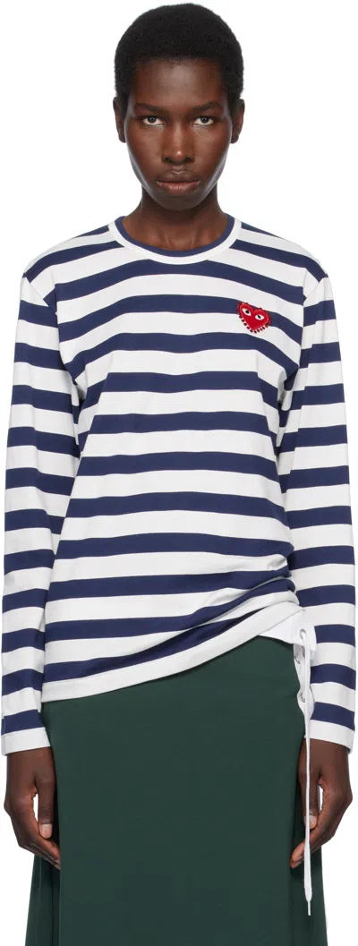 Comme Des Garçons Play Navy & White L/s Stripe Rhinestone T-shirt