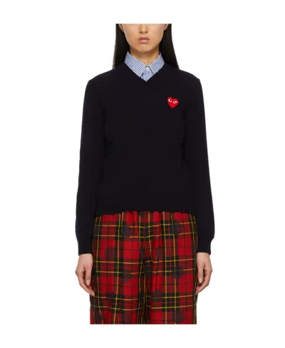 Comme Des Garçons Play Navy Blue V-neck Sweater In Black