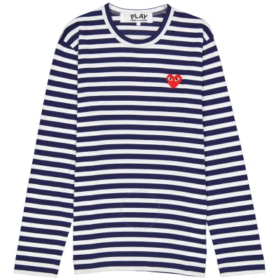 Comme Des Garçons Comme Des Garcons Play Navy / White Long Sleeve Heart Logo Stripe Tee In Navy/white