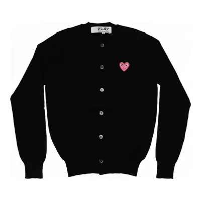 Comme Des Garçons Play Pink Emblem Round Neck Cardigan In Black
