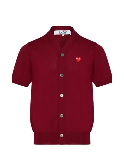 Comme Des Garçons Play Play Heart-patch Short-sleeve Cardigan In Burgundy