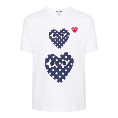 Comme Des Garçons Play Polka Dot Double Heart Short Sleeve Tee In White