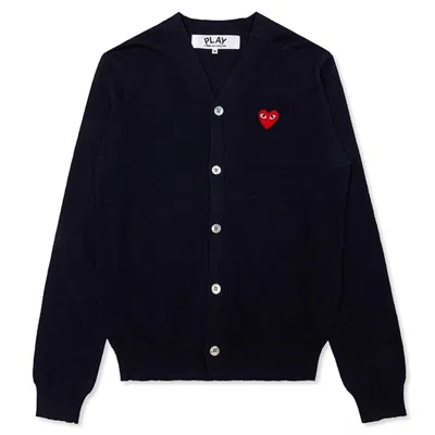 Pre-owned Comme Des Garçons Play Red Heart Knit Cardigan Sweater In Navy Blue