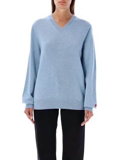 Comme Des Garçons Play V-veck Sweater Women Light Blue In Wool