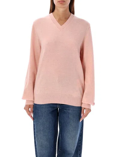 Comme Des Garçons Play Heart V-neck Icon Knitwear Embroidered In Pink