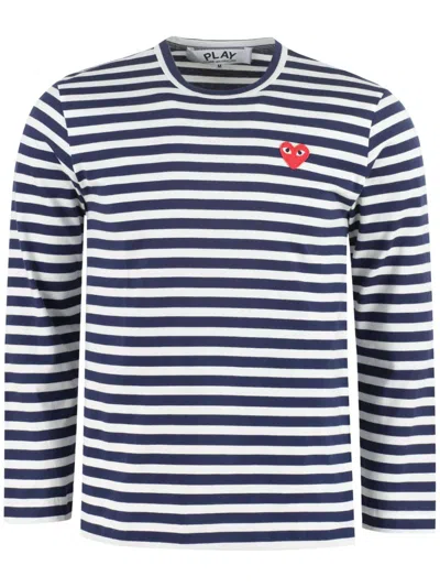 Comme Des Garçons Play Red Heart Striped T-shirt In Blue