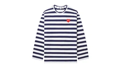 Pre-owned Comme Des Garçons Play Rhinestone Heart Striped Long Sleeve Tee Shirt In Navy Blue