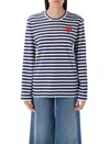 Comme Des Garçons Play Rhinestones Heart Striped T-shirt In Multi