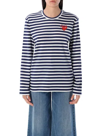 Comme Des Garçons Play Rhinestones Heart Striped T-shirt In Blue