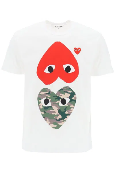 Comme Des Garçons Play Round-neck T-shirt With Double Heart Print In Bianco