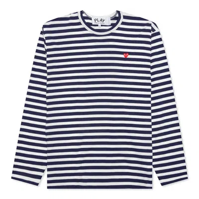 Pre-owned Comme Des Garçons Play Small Red Heart Striped Long Sleeve T-shirt In Navy Blue/white