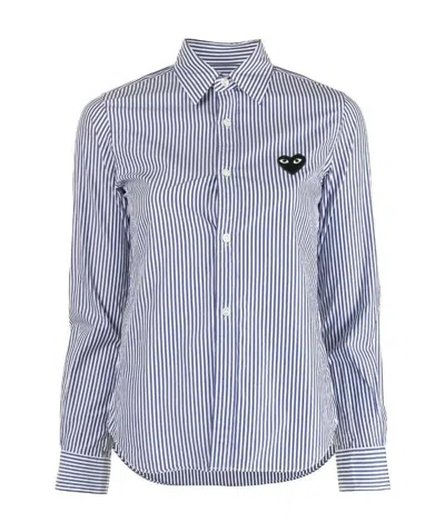 Comme Des Garçons Play Stripe-print Embroidered-logo Shirt In Blue