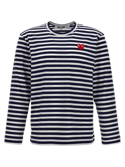 Comme Des Garçons Play Striped Cotton With Heart Logo T-shirt In Blue