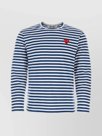 Comme Des Garçons Play Embroidered Heart Striped T-shirt In Navy & White