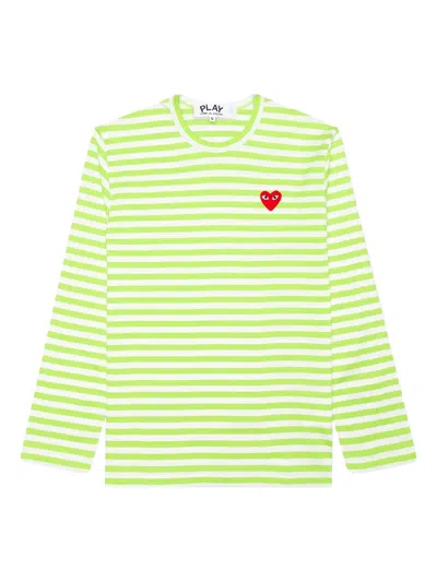 Comme Des Garçons Play Striped Heart-logo Long-sleeve T-shirt In Green