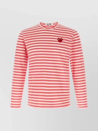 Comme Des Garçons Play Striped Logo Patch Crew Neck T-shirt In Red