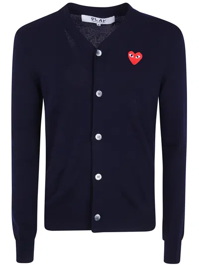 Comme Des Garçons Play Sweater V-neck "cardigan Red Emblem Knit" In Blue
