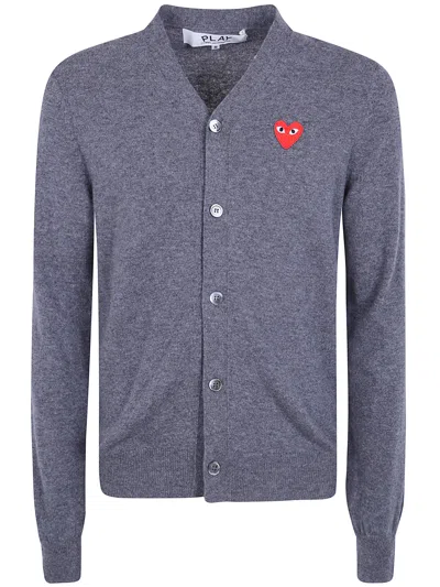 Comme Des Garçons Play Sweater V-neck "red Emblem Knit" In Blue
