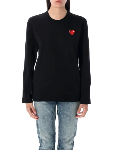 Comme Des Garçons Play Wool V-neck Sweater With Red Heart And Crystals In Black