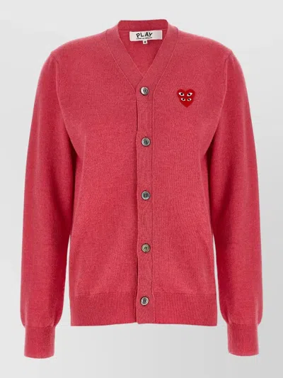 Comme Des Garçons Play Twin Emblem V Neck Knit Cardigan In Red