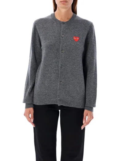 Comme Des Garçons Play Round Neck Cardigan With Red Medium Emblem X Red Rhinestone In Gray